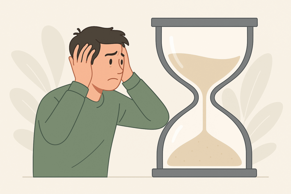 llustratie Stress herkennen en herstellenvan stress door tijdsdruk: persoon met handen in het haar bij zandloper.