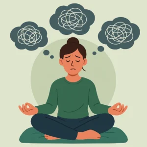 Flat design illustratie van een persoon die probeert te ontspannen, maar drukke gedachtenwolken boven het hoofd heeft. Ontspanning is moeilijk