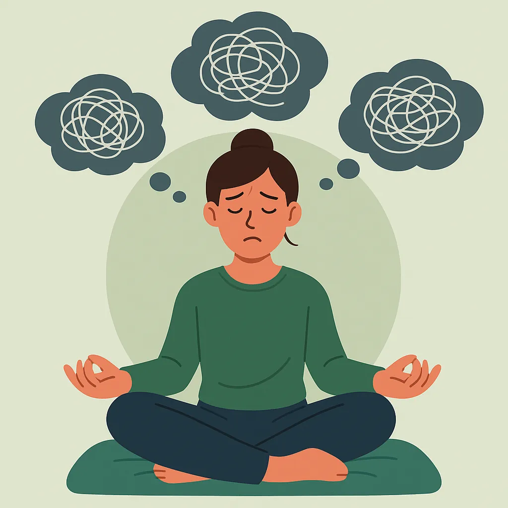 Flat design illustratie van een persoon die probeert te ontspannen, maar drukke gedachtenwolken boven het hoofd heeft. Ontspanning is moeilijk