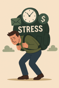 Flat design illustratie van een persoon die een zware rugzak met stress-symbolen draagt, zoals klok, mail en geld.