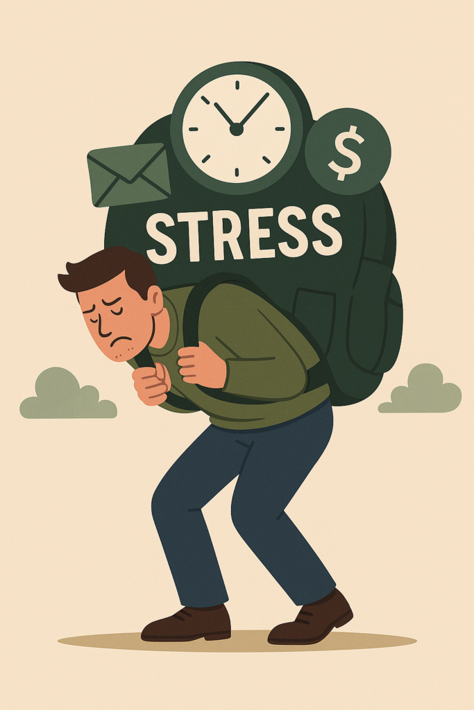 Flat design illustratie van een persoon die een zware rugzak met stress-symbolen draagt, zoals klok, mail en geld.