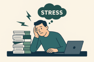 Flat design illustratie van een vermoeide werknemer achter een laptop met stapels dossiers, symbool voor werkstress en overbelasting.