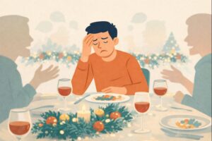Flat design illustratie van een persoon die zich overprikkeld voelt tijdens een feestelijk diner, symbool voor stress tijdens de feestdagen.